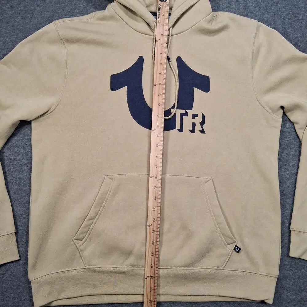 True Religion Hoodie Mens XL Beige Pullover Fleece Horseshoe Logo Sweatshirt